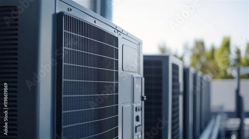 A close-up shot of air conditioner outdoor units lined up in an industrial setting. photo