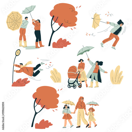 Storm with People Character Struggle with Umbrella in Hurricane Vector Set