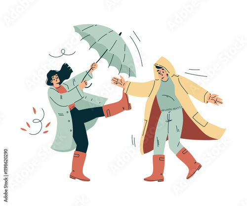 Storm with Man and Woman Character Struggle with Umbrella in Hurricane Vector Illustration