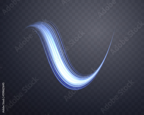 Glowing blue lines. Neon realistic energy speed. Abstract light effect on a dark transparent background. Vector illustration.