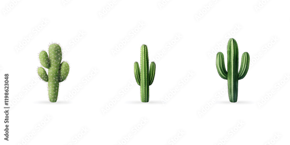 Three desert cacti of varying shapes and sizes, isolated on a white background. Perfect for design projects needing a touch of the desert. Three desert cacti of varying shapes and sizes, isolated on a white background. Perfect for design projects needing a touch of the desert.