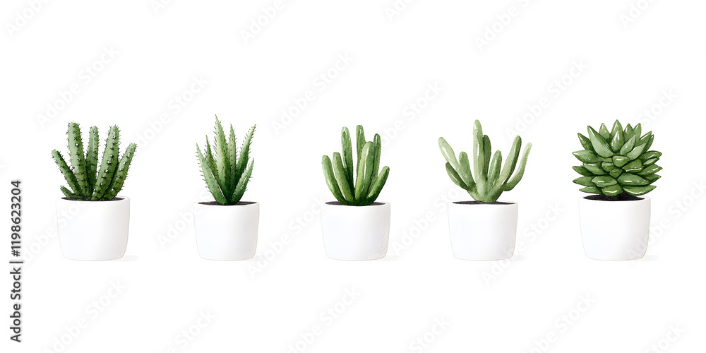 Five succulent plants in white pots, arranged in a row against a white background. Five succulent plants in white pots, arranged in a row against a white background.