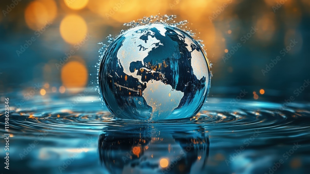 Beautiful Globe Surrounded By Water With Bokeh Background Beautiful Globe Surrounded By Water With Bokeh Background