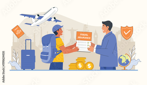 A cheerful illustration of a traveler equipped with travel insurance, depicted with a world map and icons of protection like shields and umbrellas, ensuring worry-free exploration.
