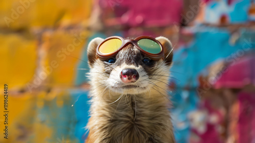 In a studio a humorous weasel with goggles against a vibrant backdrop