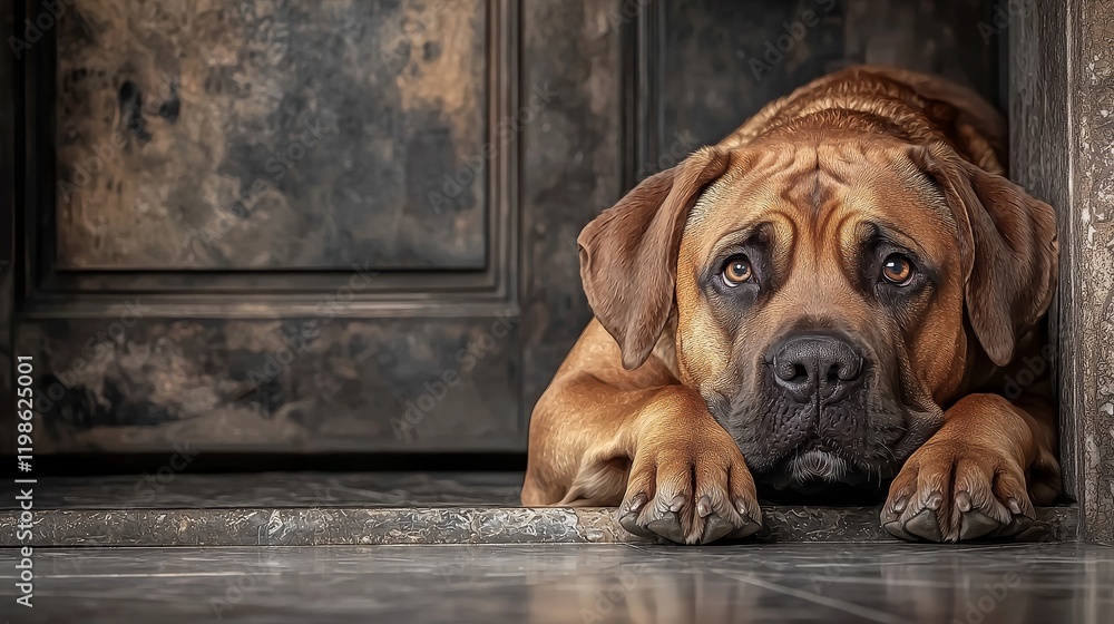 Fototapeta premium Companion dogs breed security concept, A sad dog lying at the entrance, with a distressed expression and a rustic background.
