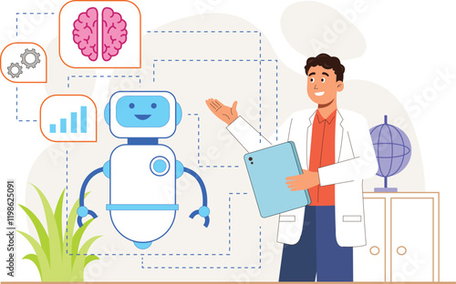 Explore innovation and collaboration with this illustration of a scientist and an AI robot working together, focusing on a brain model to signify advancements in neuroscience and technology.