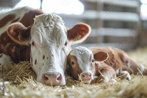 A newborn calf cuddles close to its mother cow while resting comfortably on straw in a quiet barn setting, symbolizing the bond between them during a peaceful afternoon photo