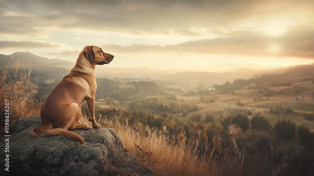 Companion dogs breed security concept, A dog gazes thoughtfully at a scenic landscape during sunset, embodying tranquility and companionship. Companion dogs breed security concept, A dog gazes thoughtfully at a scenic landscape during sunset, embodying tranquility and companionship.