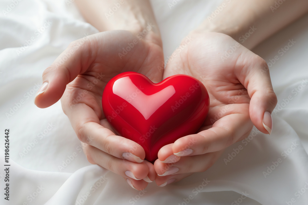 Romantic Minimalist Design: A Hand Gently Cradling a Bright Red Heart Against a Pristine White Background Romantic Minimalist Design: A Hand Gently Cradling a Bright Red Heart Against a Pristine White Background