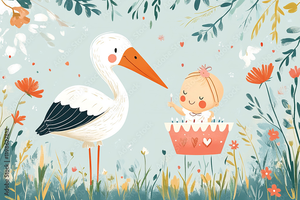 The image depicts a cartoon scene with a stork and a baby in a floral setting, surrounded by various flowers and leaves The image depicts a cartoon scene with a stork and a baby in a floral setting, surrounded by various flowers and leaves