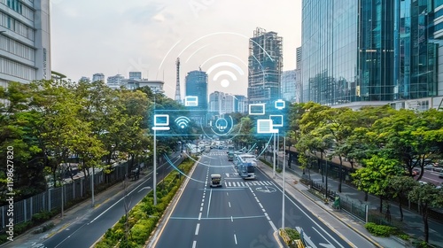 Fototapeta Naklejka Na Ścianę i Meble -  Smart city street, digital overlay, urban landscape, technological infrastructure, future city