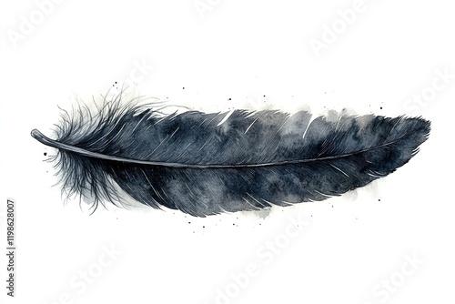 A detailed watercolor illustration of a dark feather, showcasing its intricate textures and patterns.