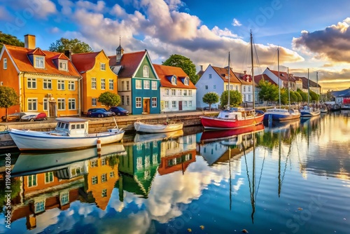 Charming Bogense Harbour: Boats & Colorful Houses on Adelgade Street, Funen, Denmark photo