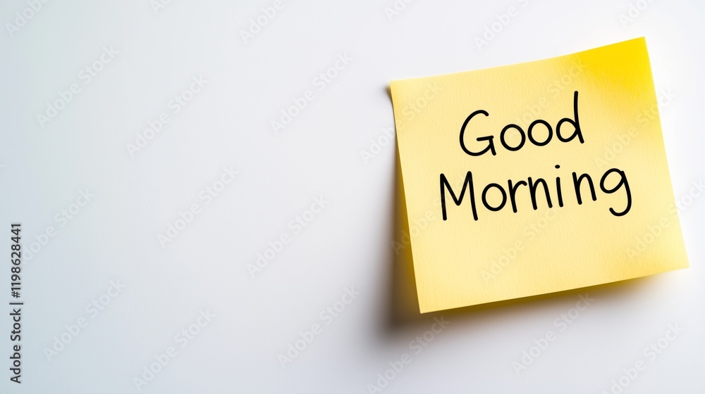 Bright yellow sticky note with handwritten message wishing good morning on a clean surface Bright yellow sticky note with handwritten message wishing good morning on a clean surface