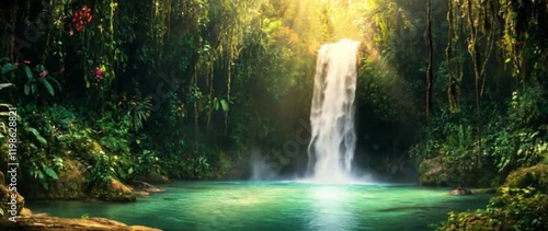 Jungle view featuring a cascading waterfall