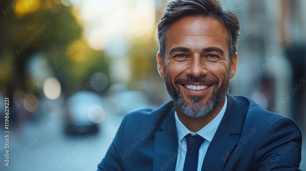 Smiling businessman, city street, bokeh background, portrait Smiling businessman, city street, bokeh background, portrait