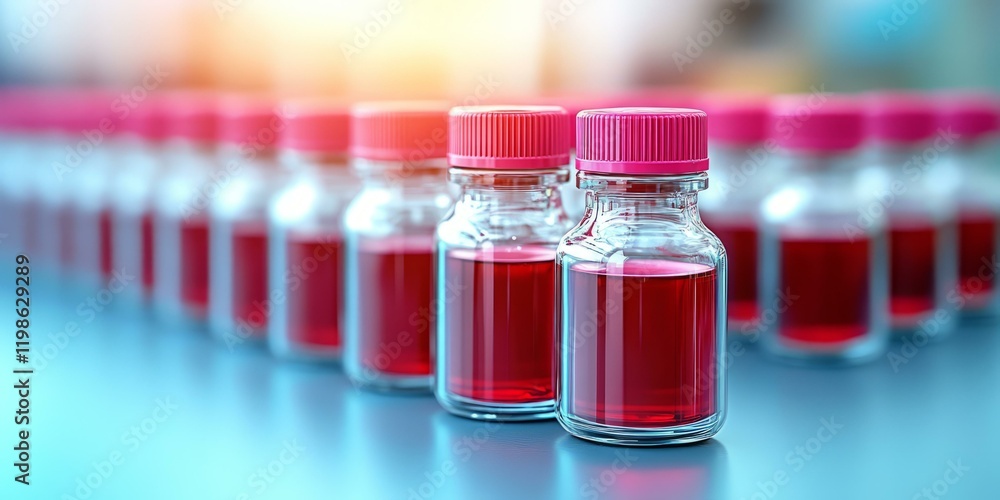 Vials of blood in a row with vivid red liquid laboratory samples for medical research and testing Vials of blood in a row with vivid red liquid laboratory samples for medical research and testing