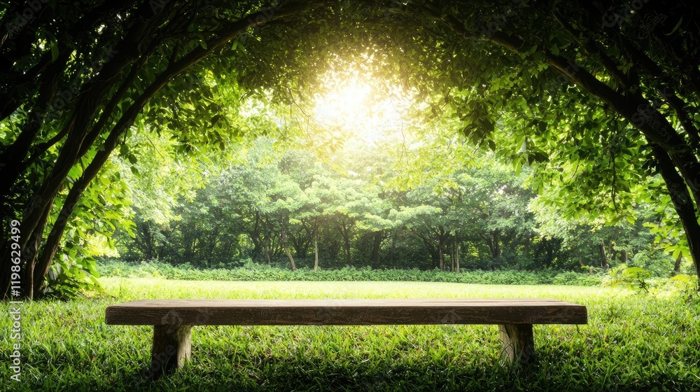 Serene park bench, sunlit meadow, shady trees, peaceful relaxation Serene park bench, sunlit meadow, shady trees, peaceful relaxation