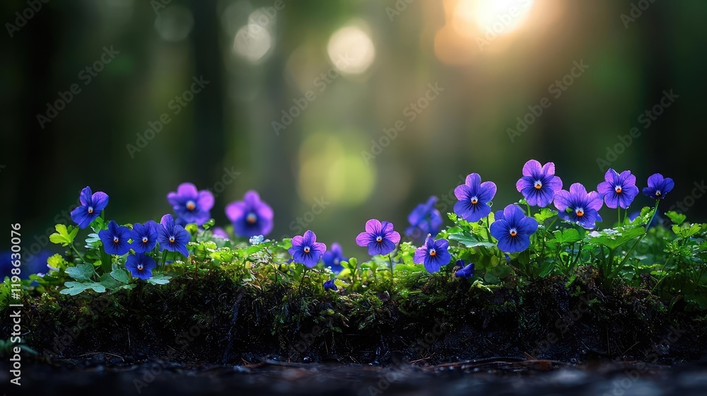 Fototapeta premium Purple flowers sunset forest ground