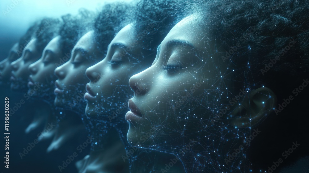 Digital mindscape serene faces, network connections, futuristic setting, AI concept Digital mindscape serene faces, network connections, futuristic setting, AI concept