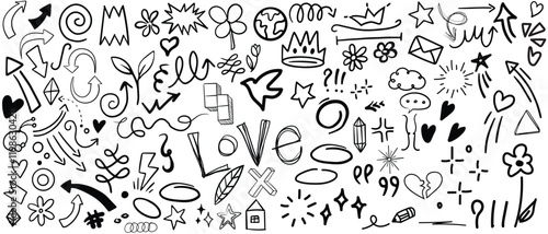 Simple sketch line style elements. Doodle cute ink pen line elements isolated on white background. Doodle arrow, heart, star, decoration symbol, icon set. Vector illustration of kids pencil drawing. 