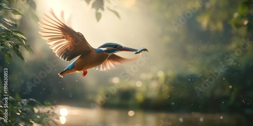 Kingfisher flying, river, forest, sunrise, prey photo