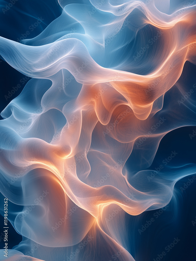 Abstract Flow: An abstract artwork featuring ethereal swirls of blue and orange smoke-like forms against a dark backdrop. The image evokes a sense of fluidity, movement, and ethereal beauty. Abstract Flow: An abstract artwork featuring ethereal swirls of blue and orange smoke-like forms against a dark backdrop. The image evokes a sense of fluidity, movement, and ethereal beauty.
