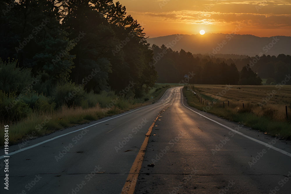 Fototapeta premium An empty road stretching toward a glowing sunrise, symbolizing the journey to a fresh start as time counts down.