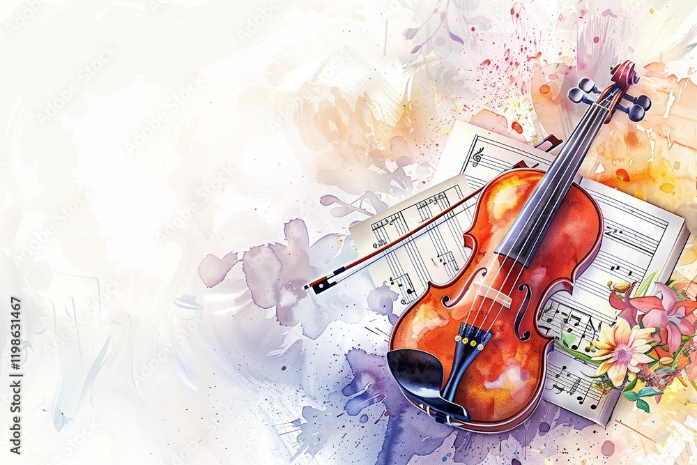 Fototapeta premium Colorful violin and sheet music surrounded by floral designs in a creative layout