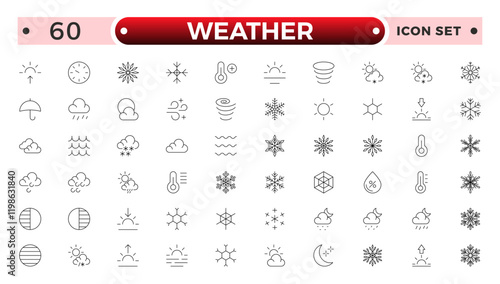 Weather icons. Weather forecast icon set. Clouds logo. Weather , clouds, sunny day, moon, snowflakes, wind, sun day. Outline icon set Collection.