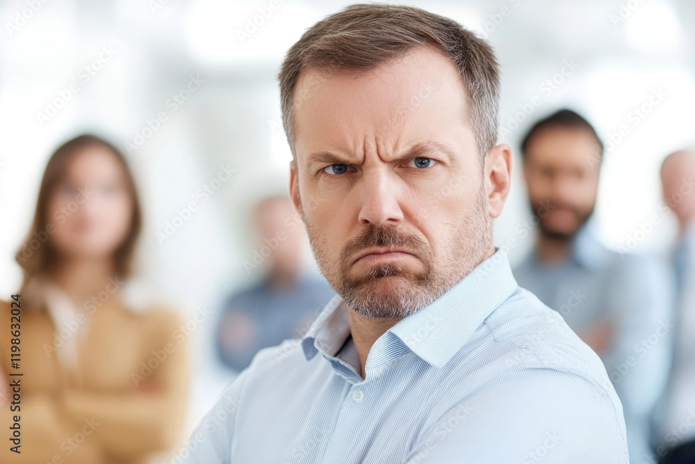 Intense expression of discontent among colleagues during a team meeting in a bright office setting Intense expression of discontent among colleagues during a team meeting in a bright office setting