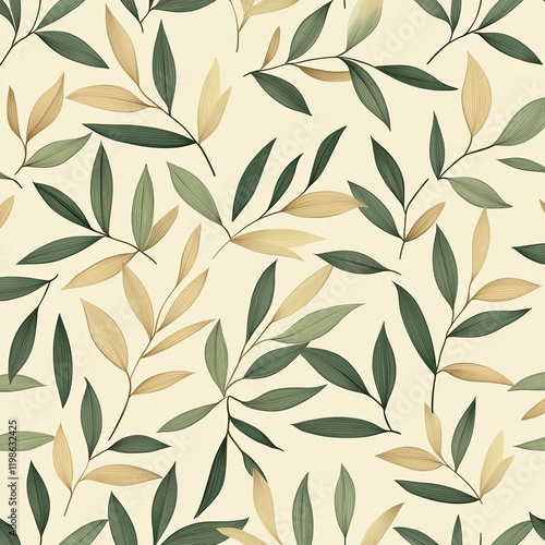 Elegant Green and Beige Leaf Pattern: Seamless Botanical Design for Textile and Wallpaper Projects