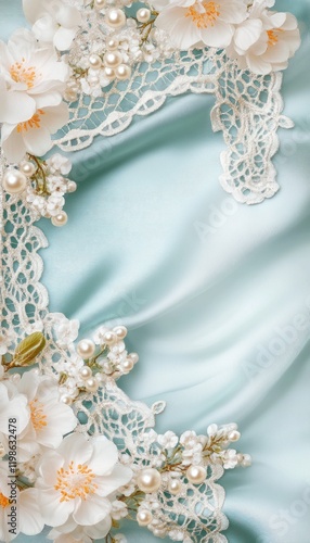 Elegant pastel blue silk fabric with lace and flowers; wedding invitation background