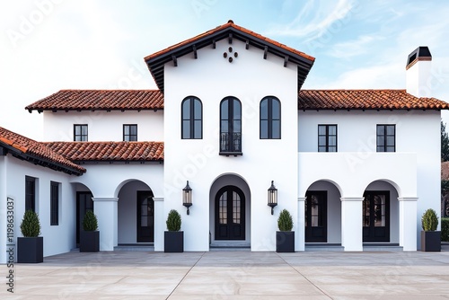 White stucco Spanish home with red roof tiles, arched windows, and black accents.