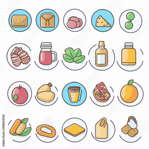 Set of icons illustrating absence of common food allergens (gluten, dairy, egg, nuts) plus vegan and organic signs.