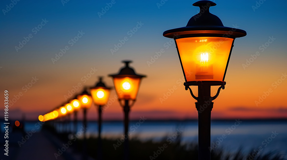 At dawn a line of sidewalk lamps with one lamp burning and the rest out