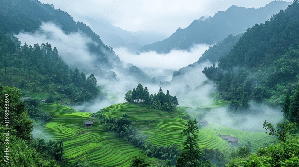 Misty mountain rice terraces, rural China, scenic view, travel poster Misty mountain rice terraces, rural China, scenic view, travel poster
