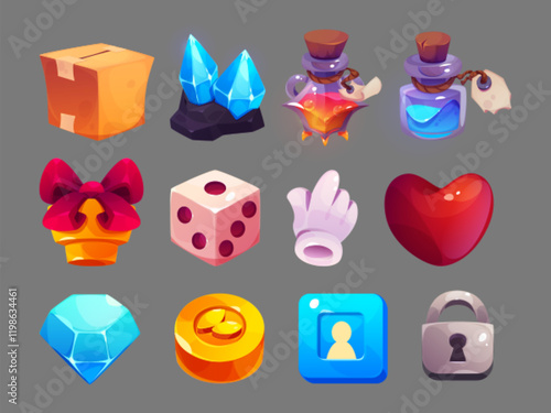Game icon set - cardboard box, crystals and magic potions, gift with bow, dice, white glove pointer, red heart and golden coin, player profile button and silver lock. Fantasy RPG interface elements.