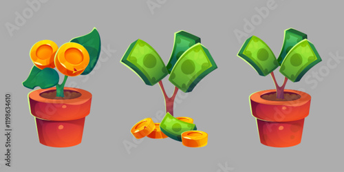 Money tree cartoon set - potted plant with golden coins, flourishing branches with dollar bills, scattered wealth. Stylized financial growth symbol in clay pots, investment metaphor on gray backdrop.