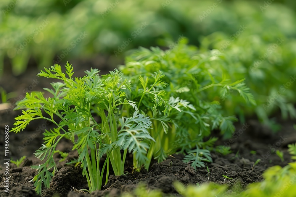 At the carrot field, rows of fresh green plants, Generative AI. At the carrot field, rows of fresh green plants, Generative AI.