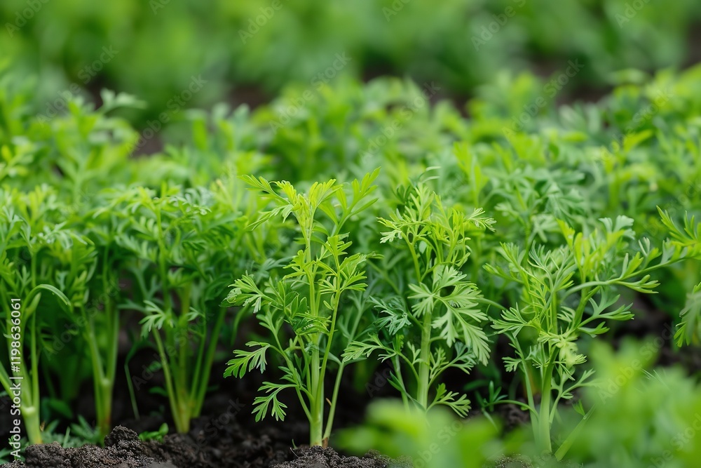 At the carrot field, rows of fresh green plants, Generative AI. At the carrot field, rows of fresh green plants, Generative AI.