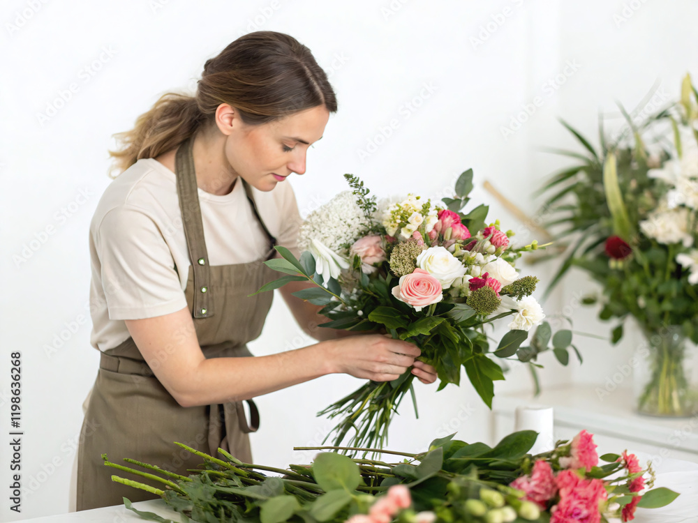 Female Florist Arranging Flowers on White Background Female Florist Arranging Flowers on White Background