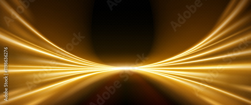 Golden speed light lines - bright rays creating dynamic tunnel effect on transparent background. Shining gold beams form luminous perspective pathway for motion, technology or futuristic designs.