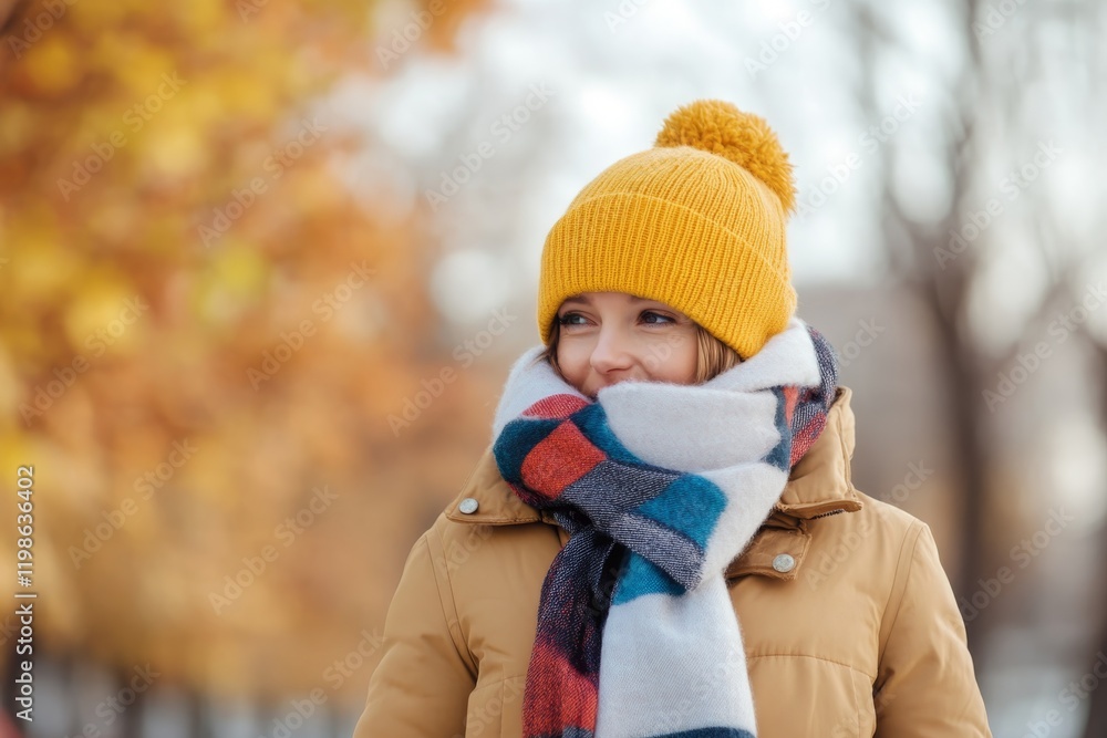 Obraz premium Girl in a yellow beanie and warm scarf enjoys a crisp autumn day in a city park surrounded by colorful leaves