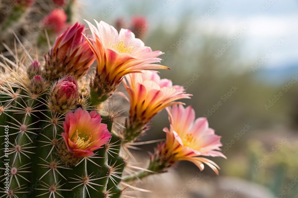 Close-up of Delicate Cactus Blossoms, Copy Space Left Close-up of Delicate Cactus Blossoms, Copy Space Left