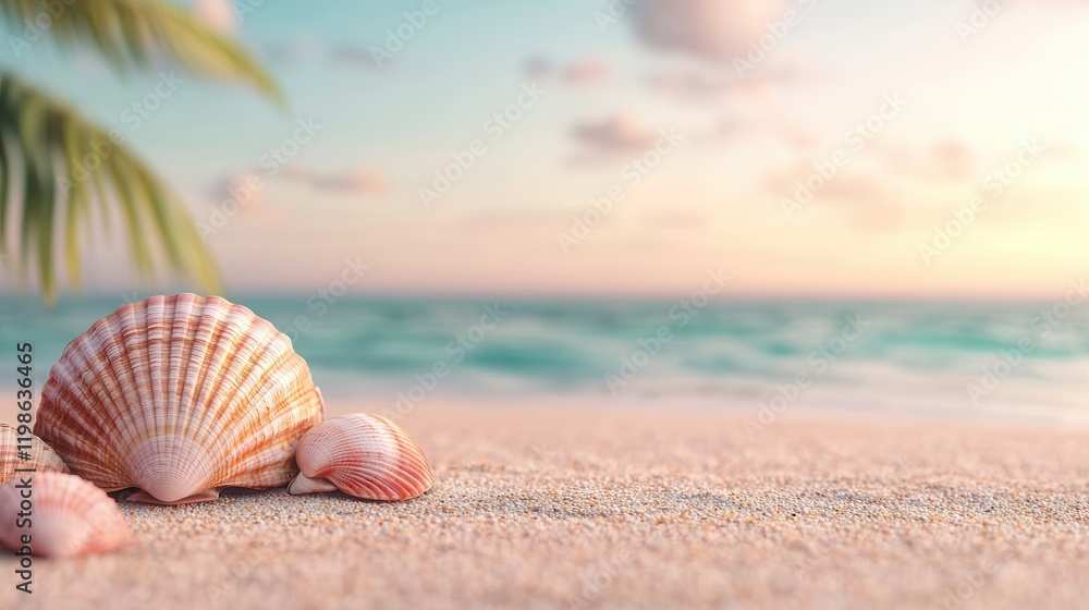 Seashells on tropical beach with serene ocean view and soft clouds Seashells on tropical beach with serene ocean view and soft clouds