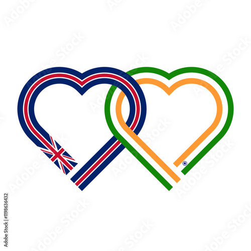 heart shaped ribbon of united kingdom and india flags intertwined. vector illustration isolated on white background