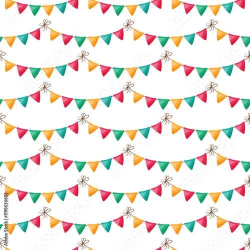 A festive seamless pattern of colorful flags. For celebrations and special occasions. Endless texture. Vector illustration.