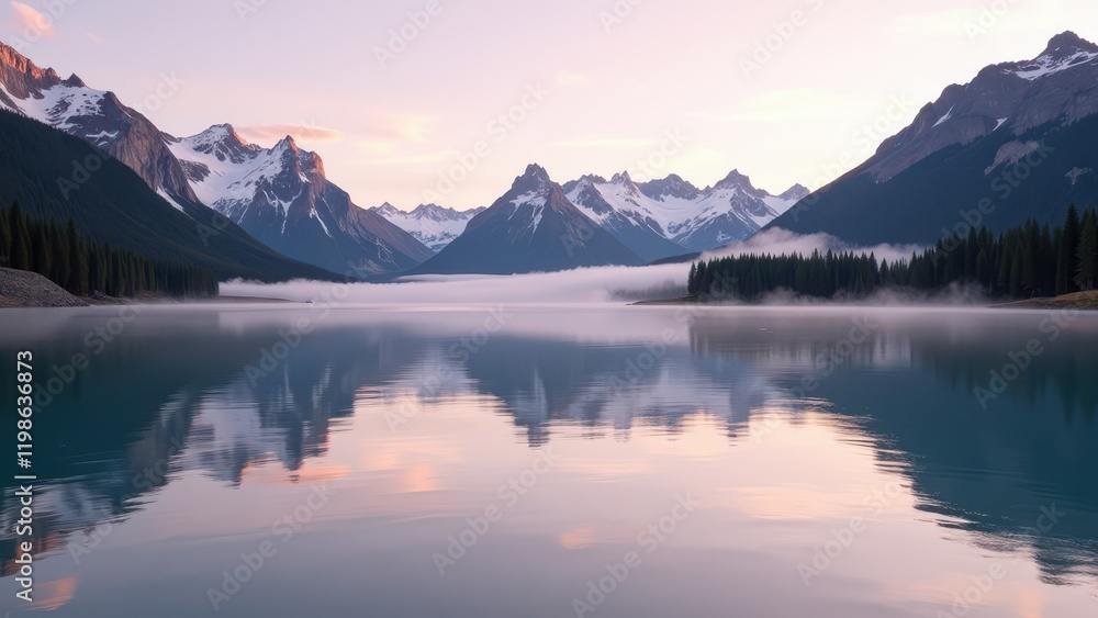 Snow-capped mountains rise majestically over a serene lake, framed by a soft pink dawn sky. Mist veils the heart of this tranquil landscape, adding mystery to nature's beauty Snow-capped mountains rise majestically over a serene lake, framed by a soft pink dawn sky. Mist veils the heart of this tranquil landscape, adding mystery to nature's beauty